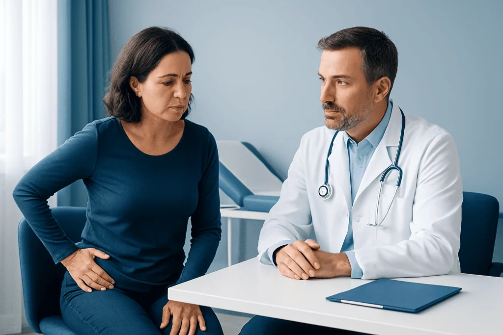 Doctor consulting with a woman about hip pain in a medical office.