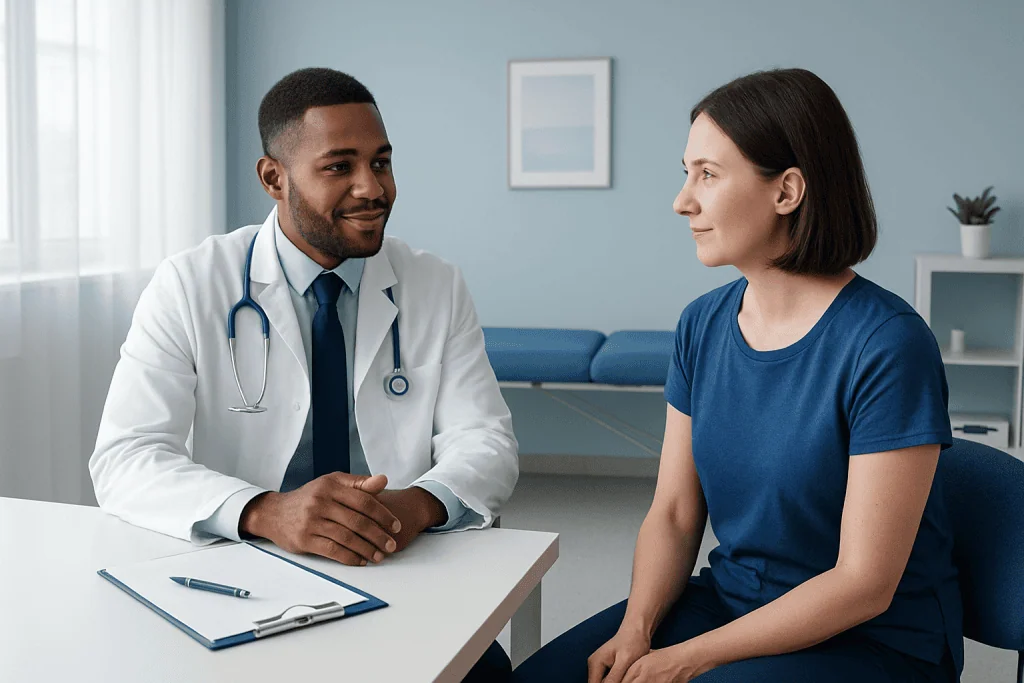 Doctor consulting with a female patient in a medical office.