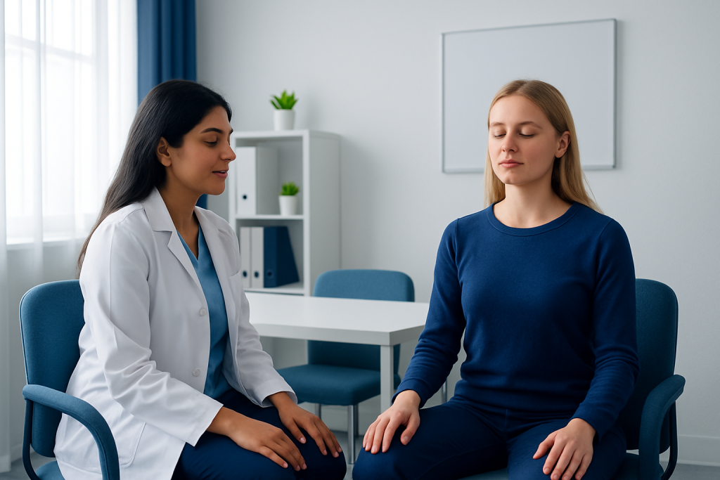 Medical consultation with a healthcare professional and patient in a clinical setting.