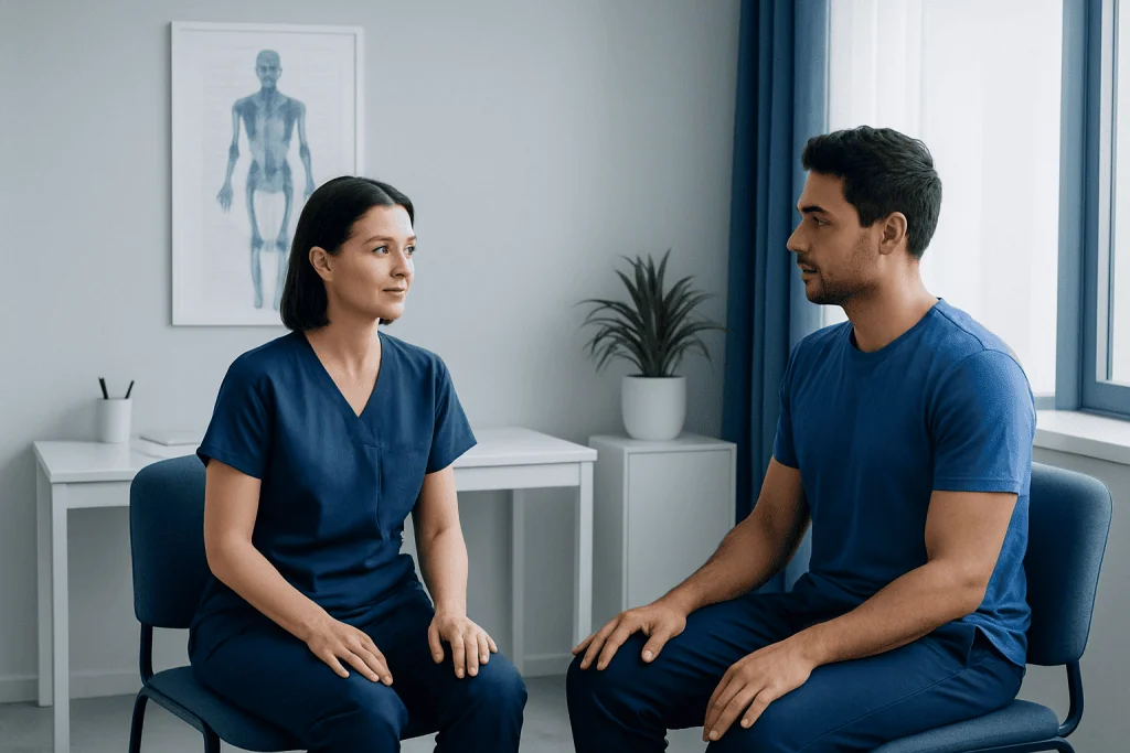 Medical consultation between a doctor and patient in a clinical setting.