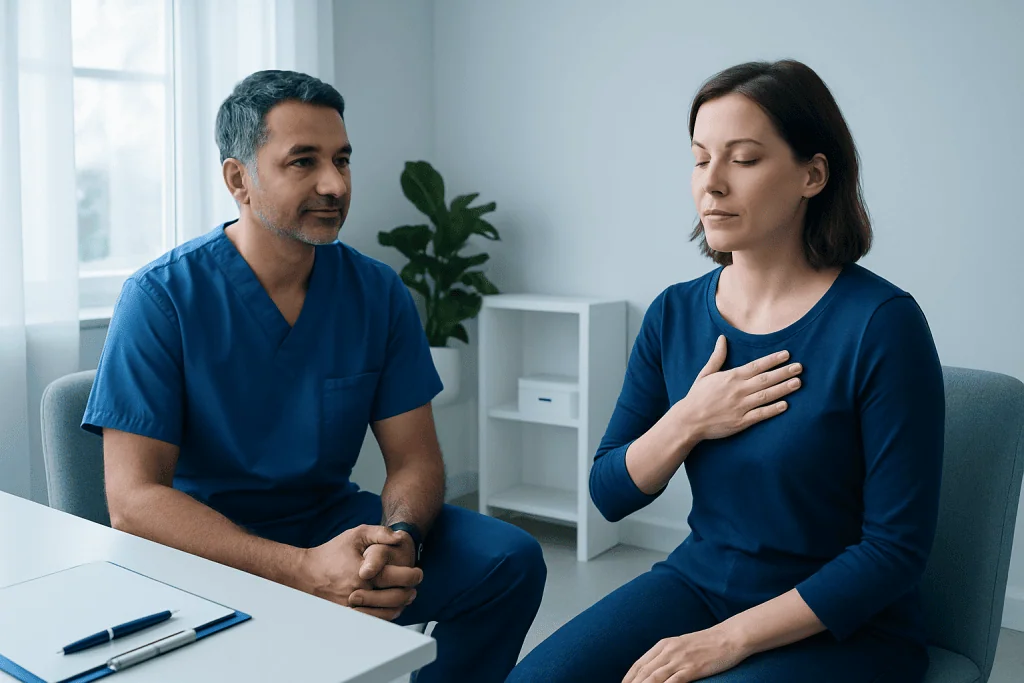 Doctor consulting with a woman about anxiety and breathing techniques.