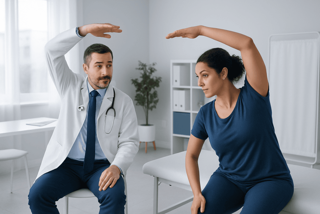 Doctor and patient performing shoulder stretch exercise in clinic.