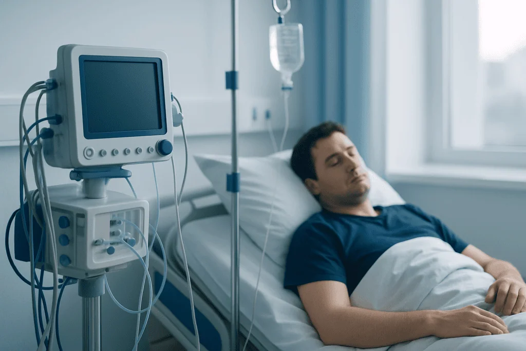 Patient resting in hospital bed with medical monitoring equipment nearby.