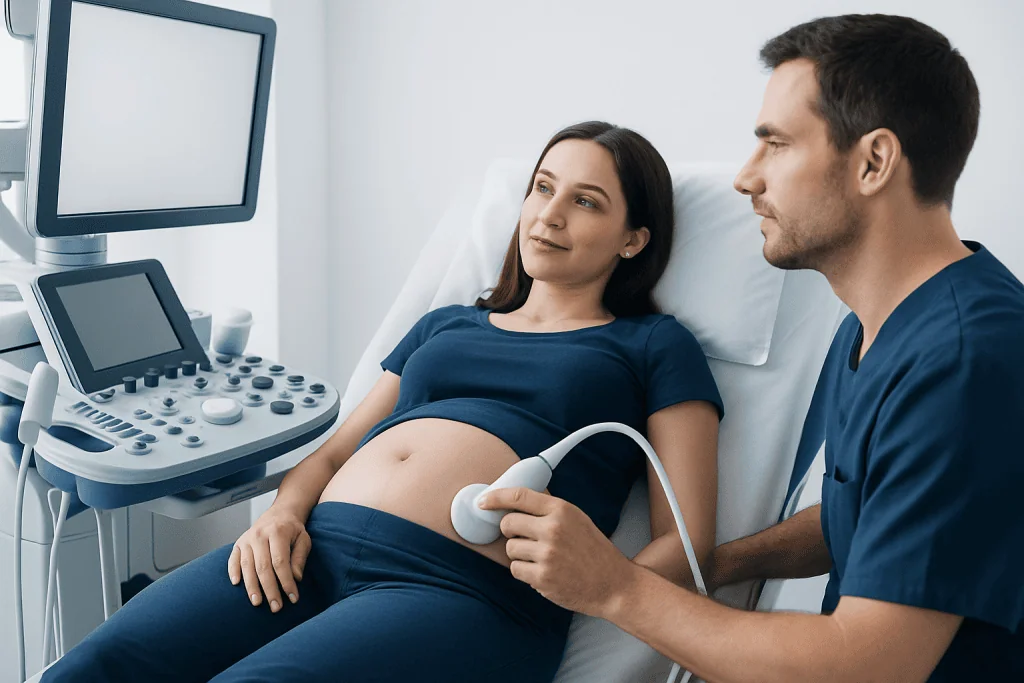 Pregnant woman undergoing ultrasound examination at Acibadem Hospital.