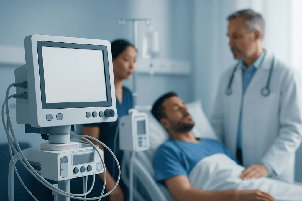 Hospital scene with patient and medical staff in a clinical setting.
