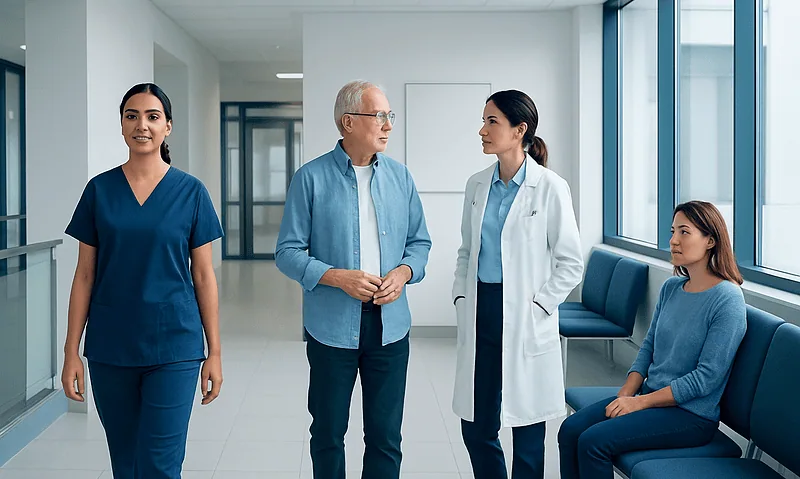 Medical team discussing patient care in hospital corridor.