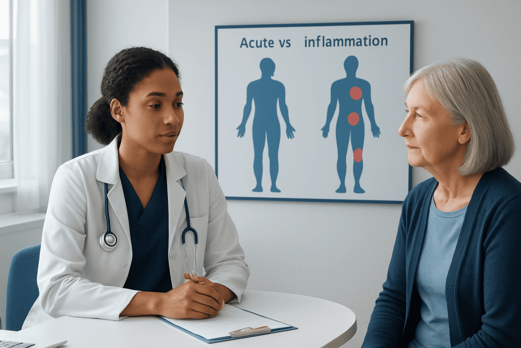 Doctor explaining inflammation differences to patient in clinic setting.