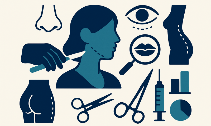 Illustration of cosmetic surgery procedures and facial features.