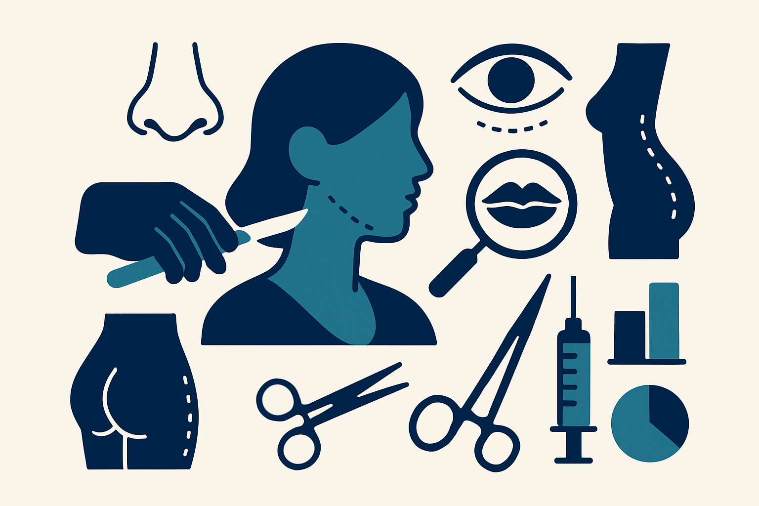 Illustration of cosmetic surgery procedures and facial features.