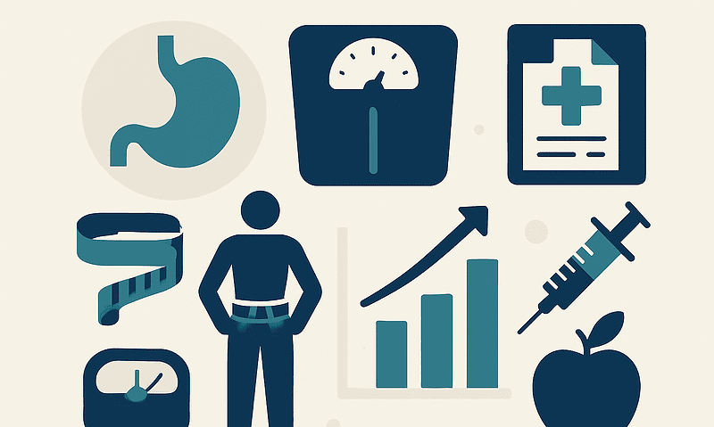 Healthy weight loss concepts with medical and fitness icons.