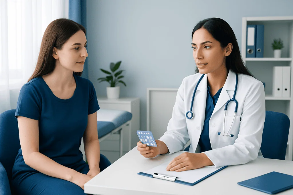 Doctor consulting with a young woman patient in a medical office.