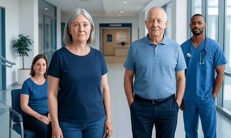 Normal Body fat percentage by Age: Charts, Ranges, and What Your Numbers Mean 3 Diverse medical team in hospital corridor with elderly patient and staff.