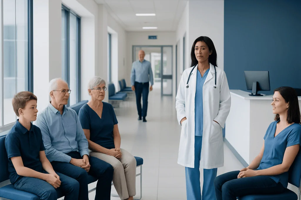 Normal Liver enzymes (ALT and AST) by Age: Charts, Ranges, and What Your Numbers Mean 1 Doctor consulting elderly patients in hospital corridor.