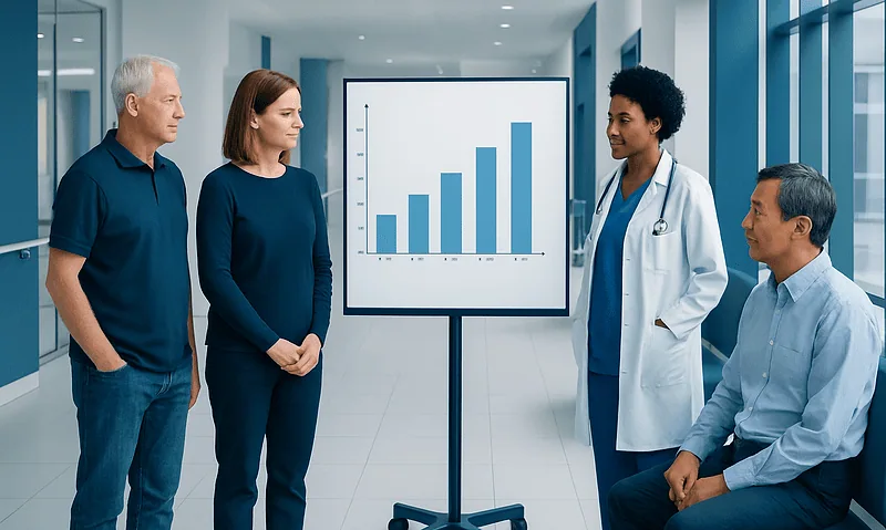 Normal LDL cholesterol by Age: Charts, Ranges, and What Your Numbers Mean 11 Medical team discussing cholesterol chart in hospital corridor.