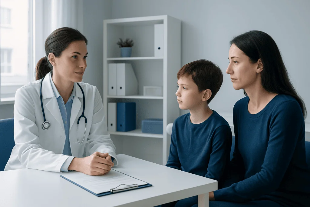 Doctor consulting with a mother and child in a medical office.