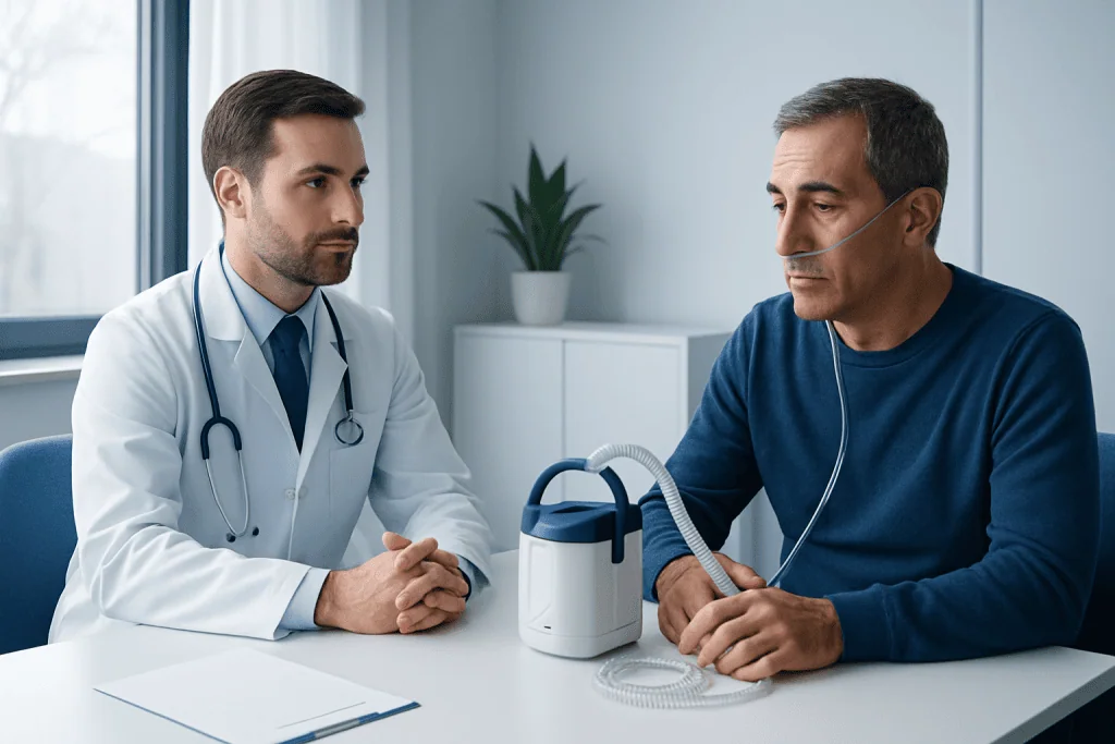 Doctor consulting with patient using oxygen support device in clinic.