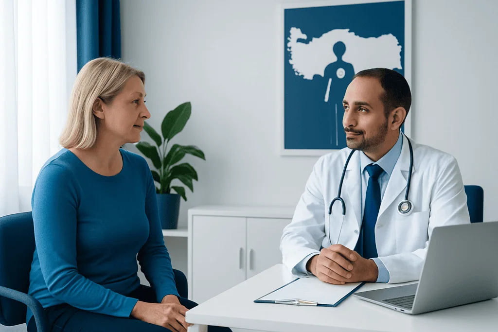 Doctor consulting with a female patient in a medical office.