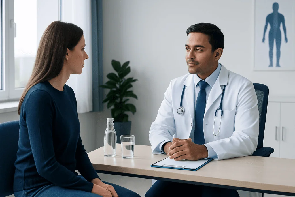 Doctor consulting with a female patient in a modern medical office.