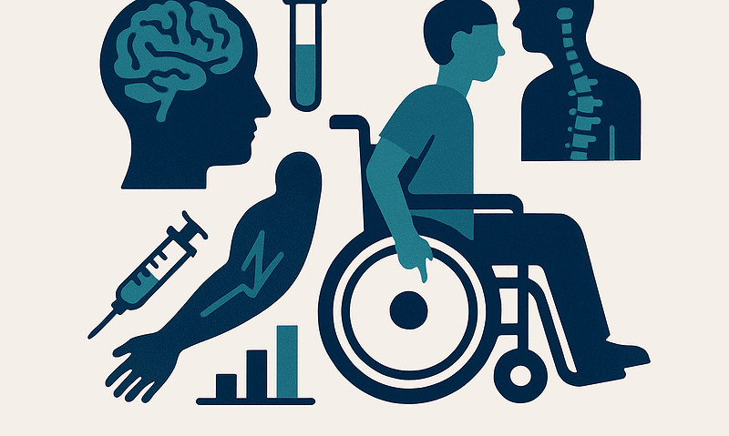 Medical illustration of brain, spinal cord, energy therapies, and wheelchair.