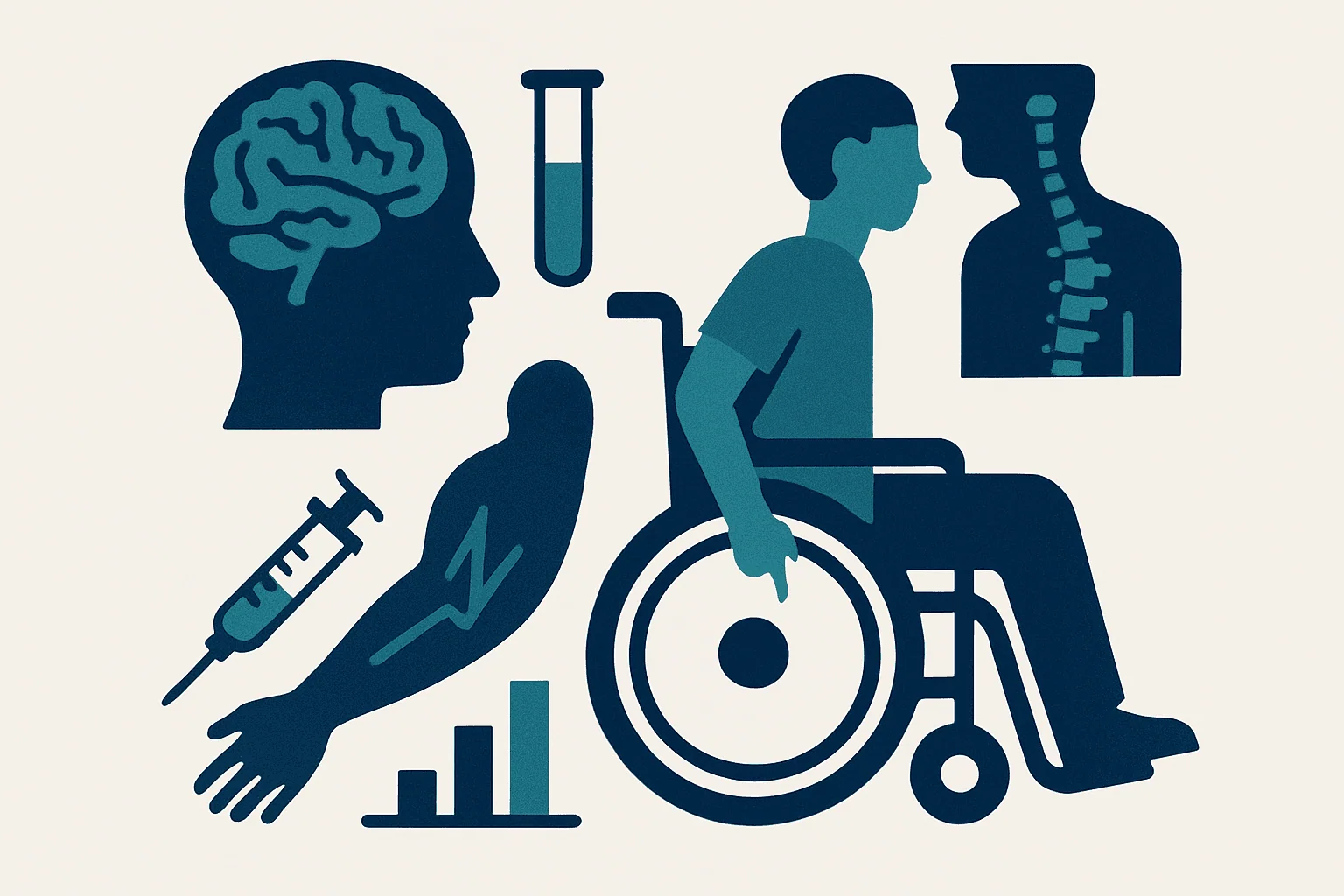 Medical illustration of brain, spinal cord, energy therapies, and wheelchair.
