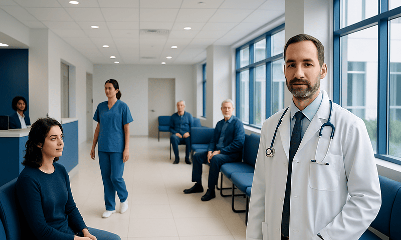 Medical team in hospital corridor with doctor and patients at Acibadem Hospitals.