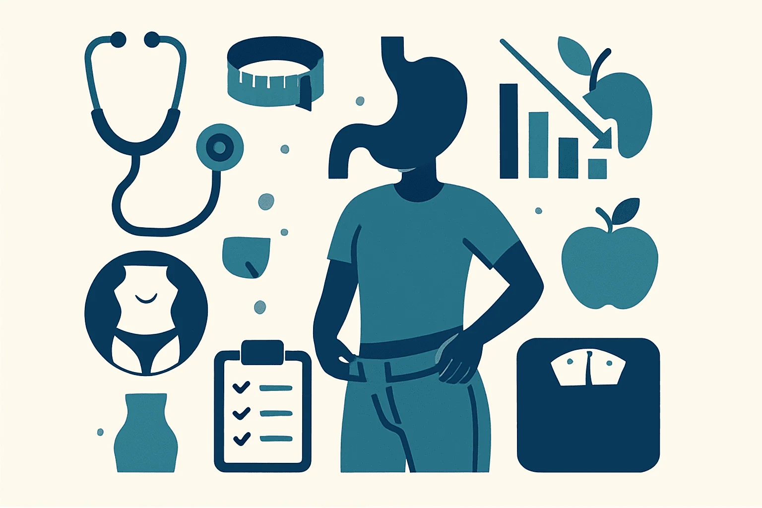 Health and fitness icons including a stethoscope, scale, and apple.
