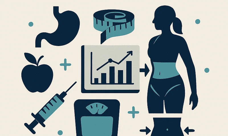 Healthy weight loss infographic with a woman, scale, and diet icons.