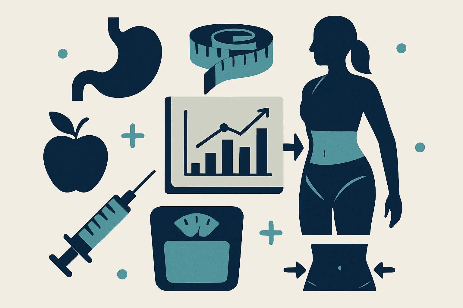 Healthy weight loss infographic with a woman, scale, and diet icons.