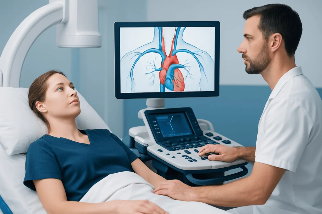 Doctor explaining aortic anatomy to a patient during an ultrasound exam.