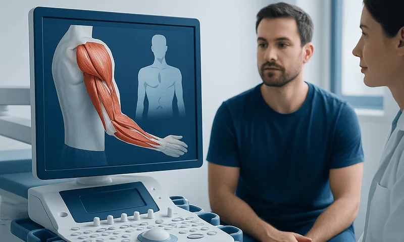 Medical consultation on triceps muscle anatomy with ultrasound imaging.