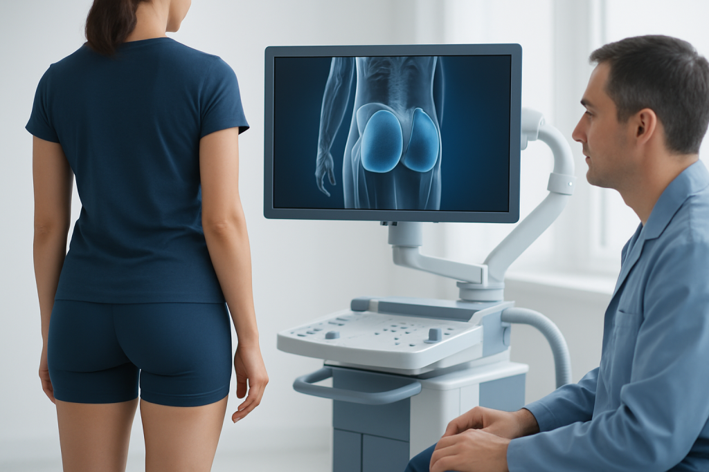 Medical professional examining a patient's hip X-ray on a monitor.