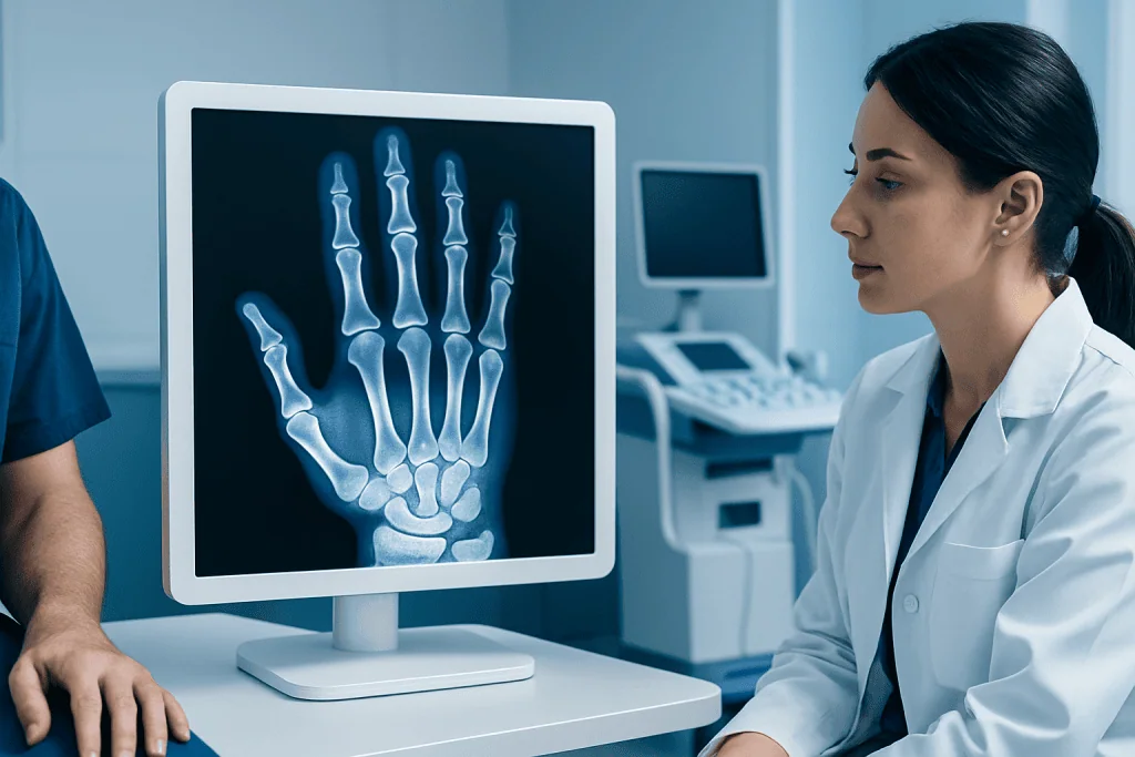 Medical professional examining hand X-ray in a clinical setting.