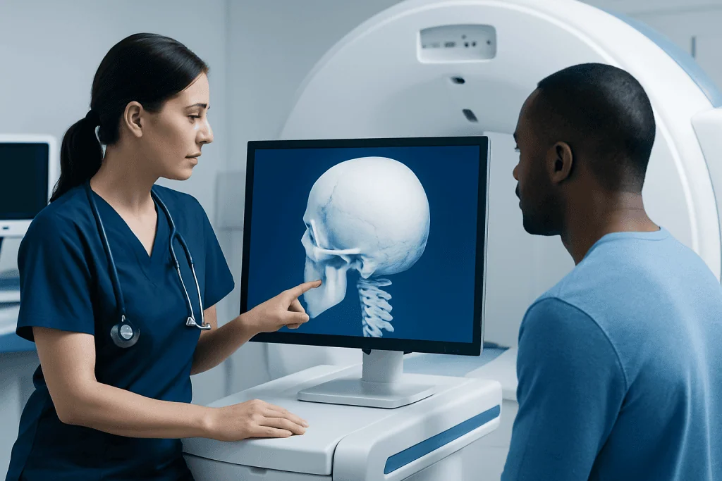 Medical professional explaining occipital bone via skull X-ray to patient.