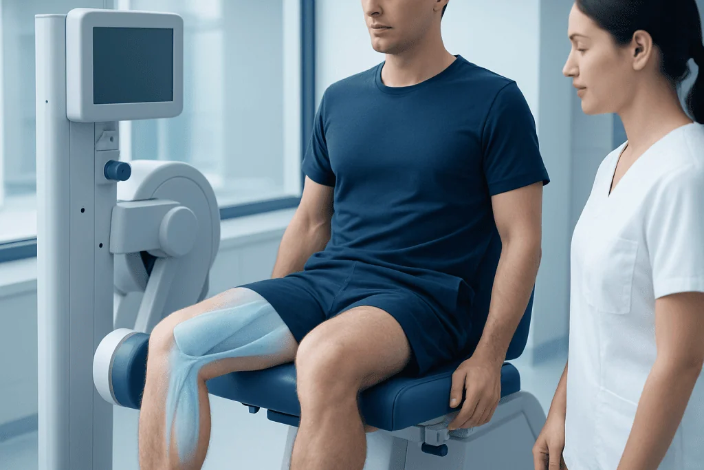 Patient undergoing leg muscle assessment at Acibadem Hospital.