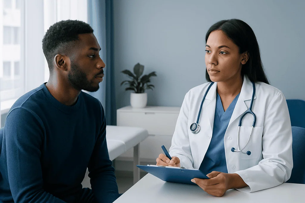 Doctor consulting with a patient in a medical office setting.