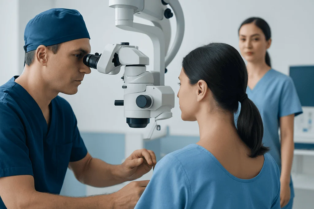 Surgeon examining a patient's ear using a microscope in a hospital setting.