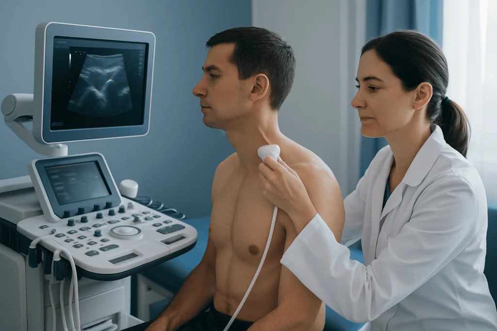 Medical professional performs an ultrasound on a male patient in a clinical setting.