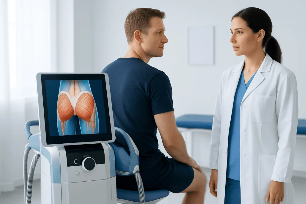 Medical consultation with muscle anatomy display at Acibadem Hospital.