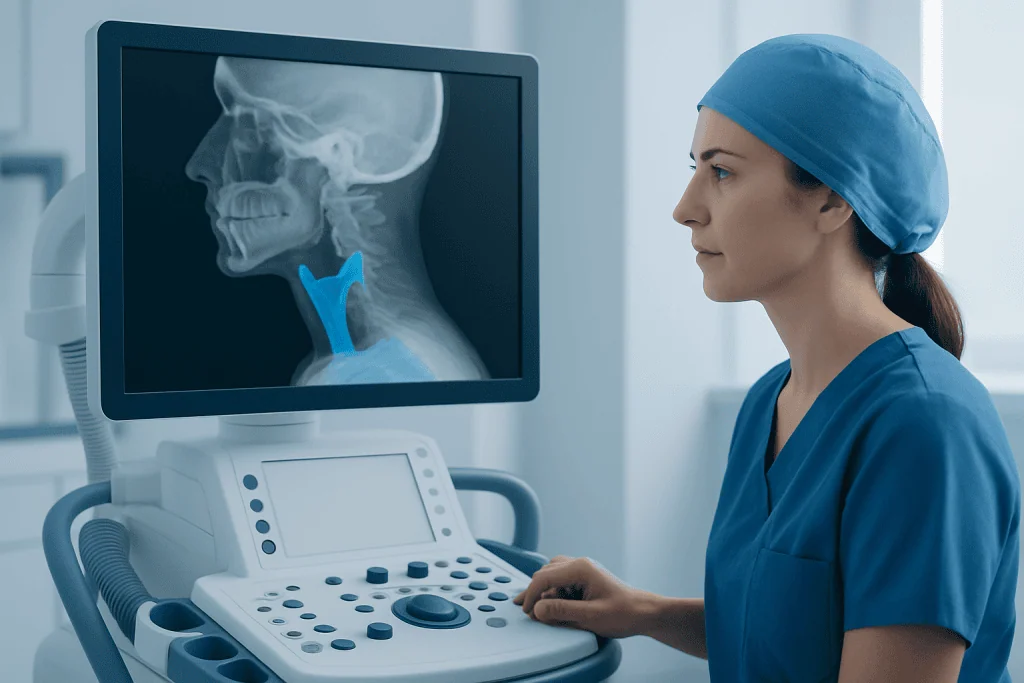 Medical professional examining a skull X-ray focusing on the hyoid bone.
