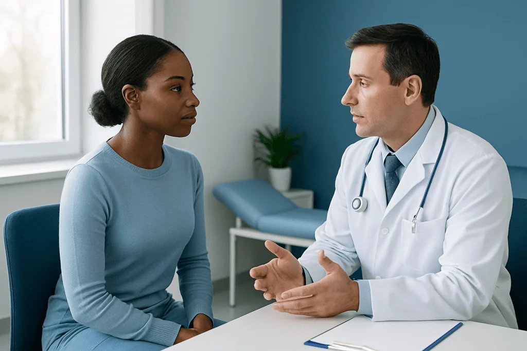 Doctor consulting with a patient in a medical office setting.