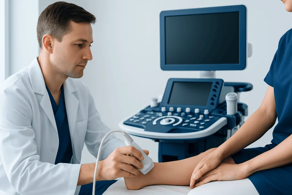 Doctor performing an ultrasound examination on a patient's arm.