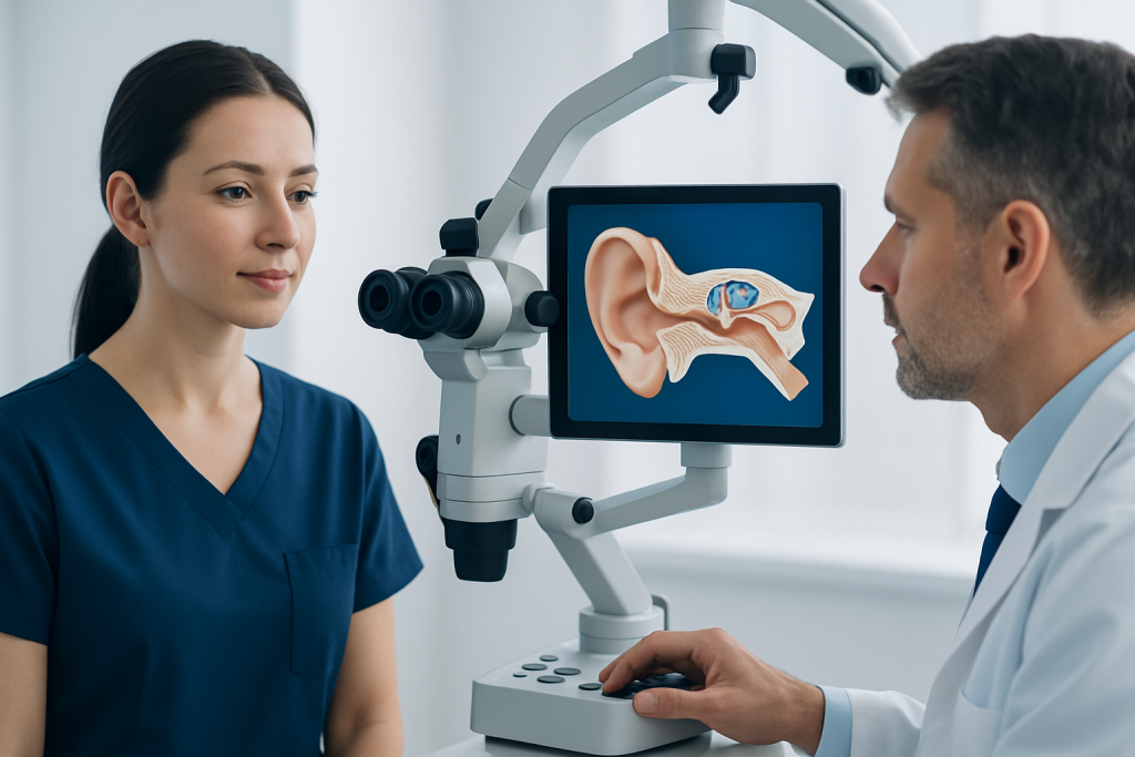 Medical professionals examining ear anatomy with digital imaging technology.