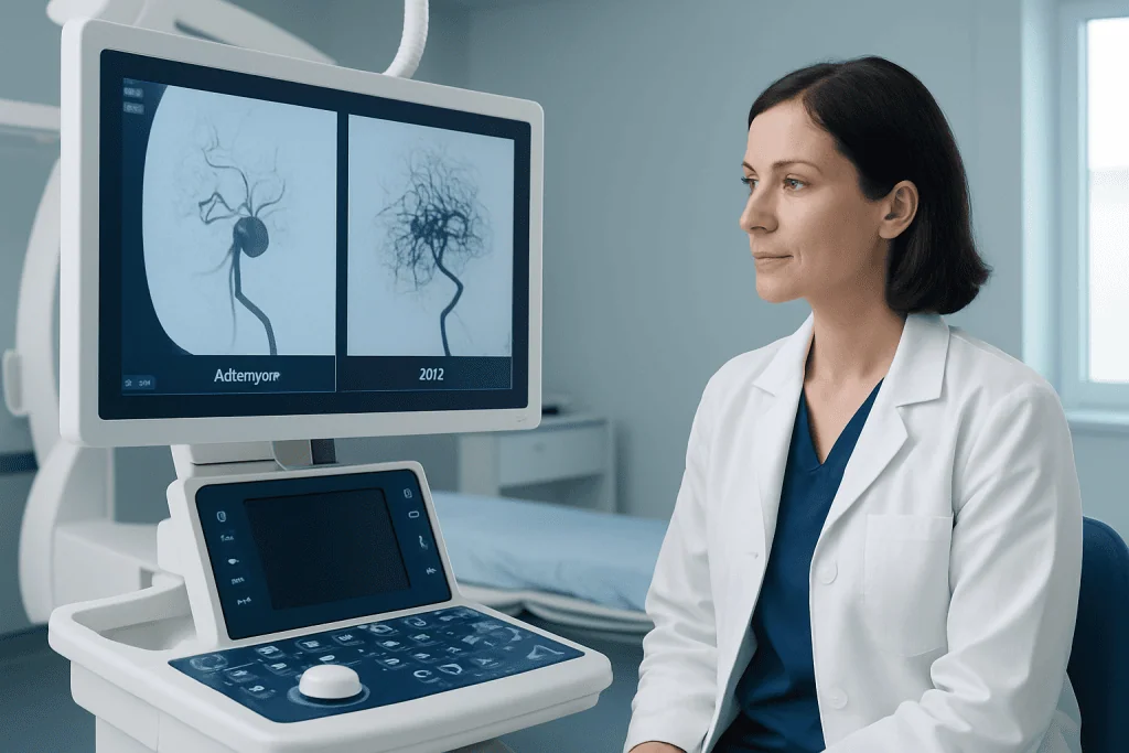 Vascular neurologist reviewing brain angiography images on monitor.