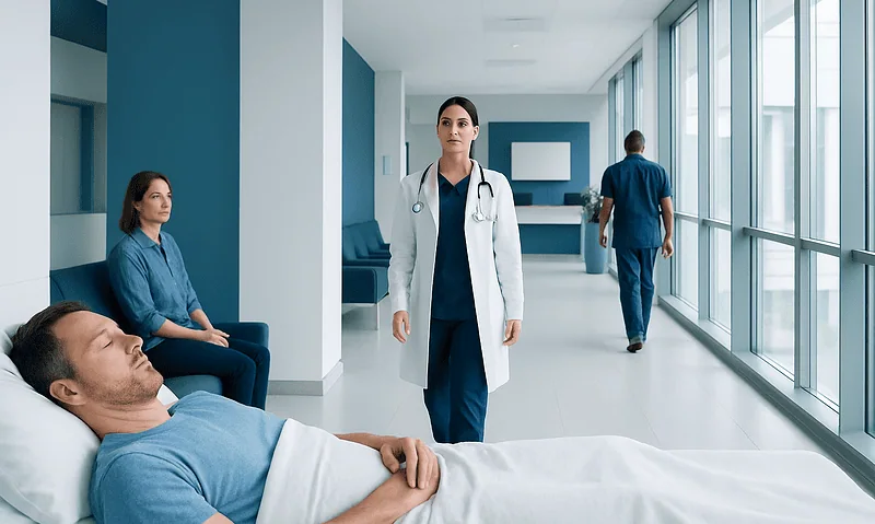Hospital corridor with medical staff and patient in bed at Acibadem Hospitals Group.