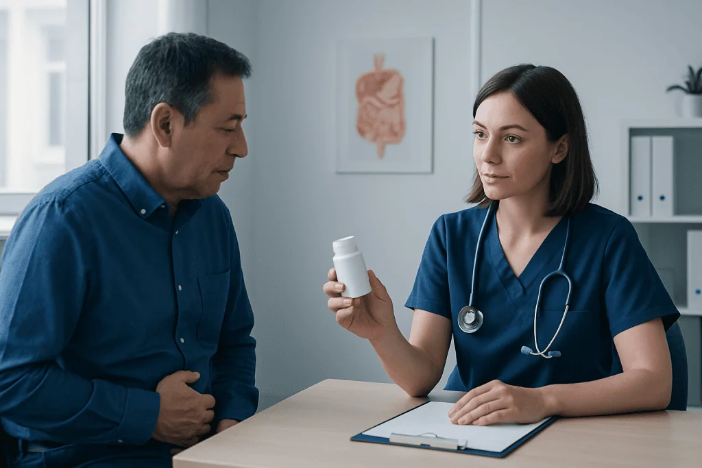 Doctor explaining medication to patient in a clinical setting.