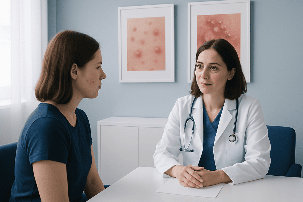 Dermatologist consulting with patient about skin conditions in clinic.