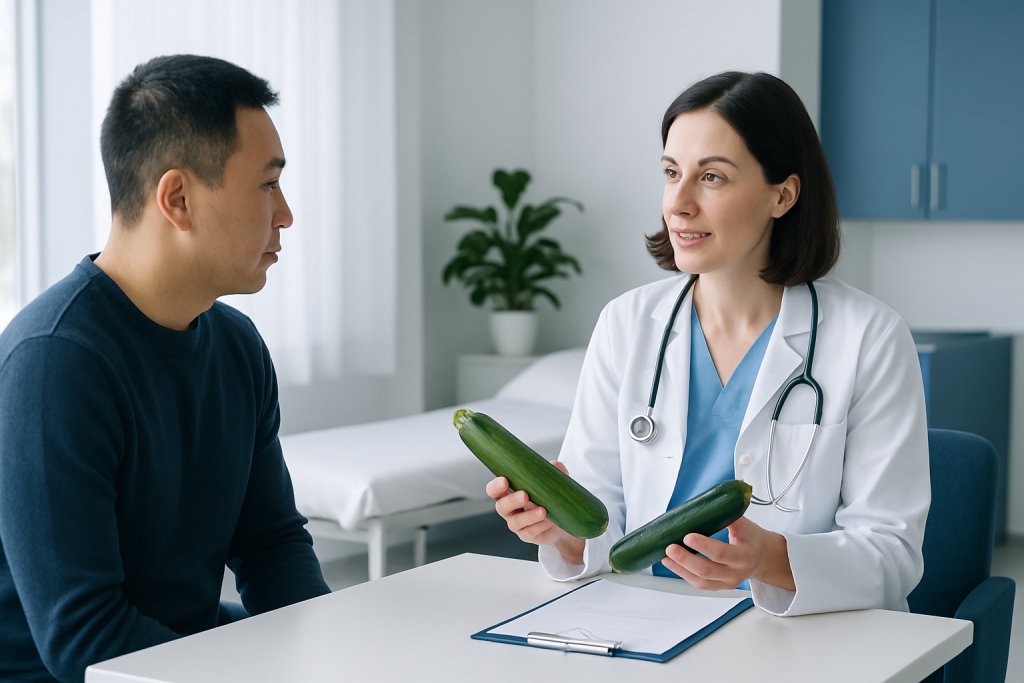 Doctor explaining differences between zucchini and cucumber to patient.