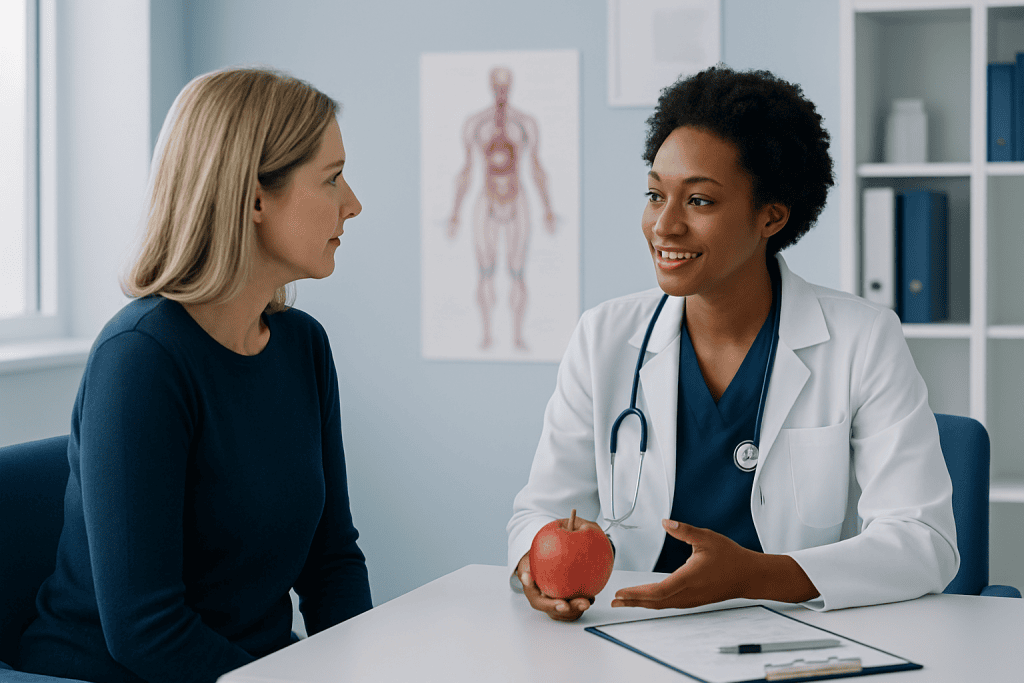Doctor explaining health benefits of apples to a patient in a clinic setting.