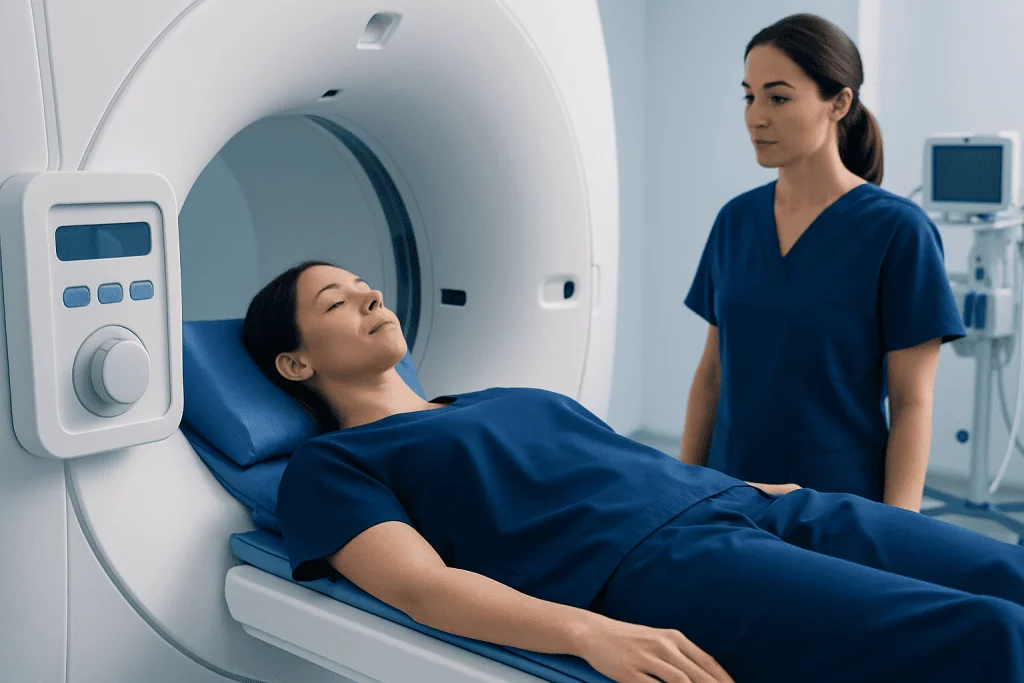 Woman undergoing MRI scan at Acibadem Hospital in medical setting.