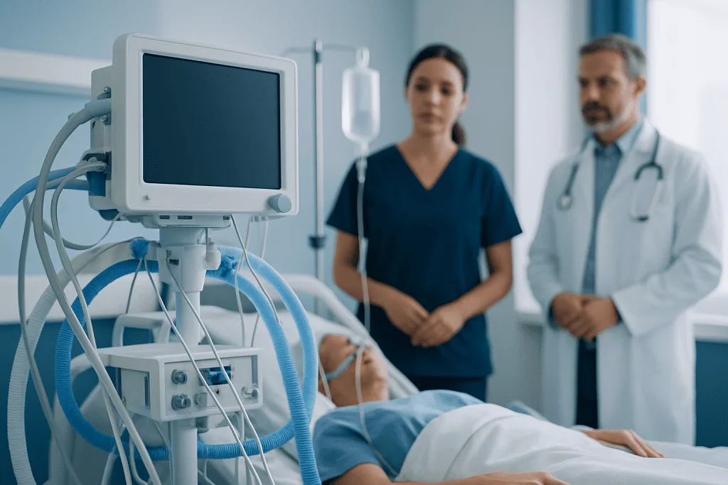 Hospital patient on ventilator with medical staff in background.